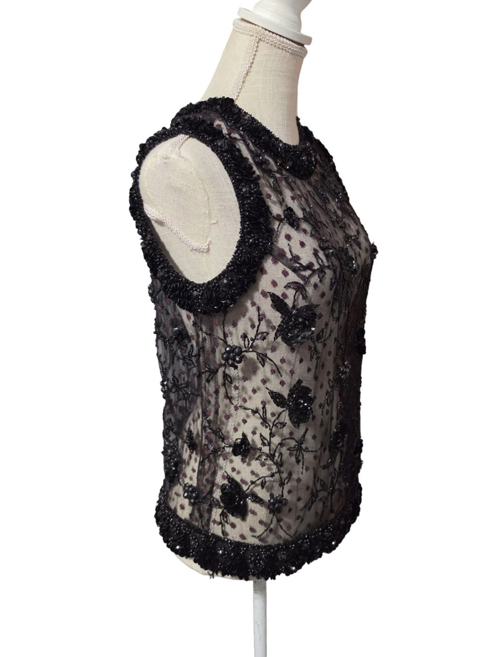VINTAGE Beaded Mesh Top Womens Medium Black Floral Sequin British Hong Kong - Picture 3 of 8